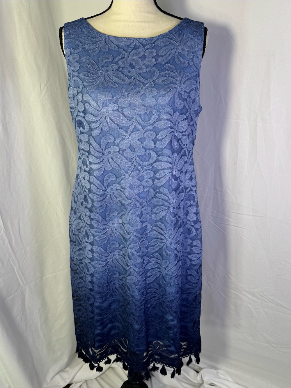 Jessica Howard Blue Lace Shift Dress Tassel Hem Sleeveless Size 12